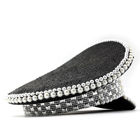 Cappello Da Capitano Sposa Con Paillettes Nere Künstliche Perle Bianche Strass Per Donne Addio Al Nubilato Matrimonio Festa Accessorio