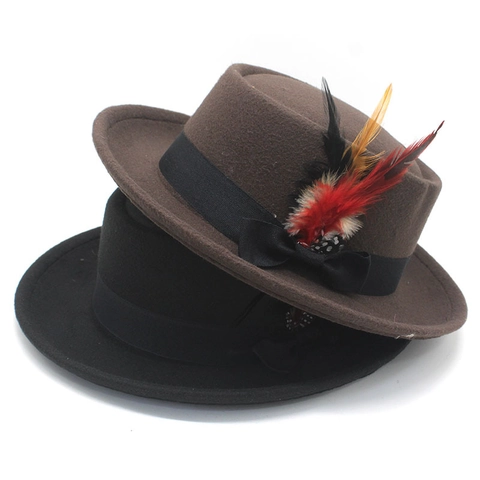 Cappello Fedora Pork Pie Retrò In Feltro Di Lana A Cima Piatta Con Fiocco Di Nastro E Piuma Decorativa Stile Vintage