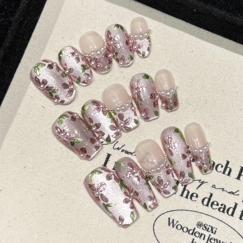 Ongles À Presser Faits À La Main Français Avec Fleur En Künstliche Perle En Relief Et Paillettes Oeil De Chat Faux Ongles Floraux