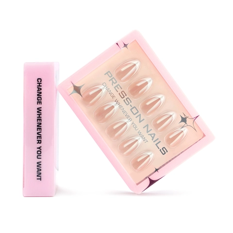 Hochglanzbeschichtung Nude Rosa Kurze Mandelform Künstliche Nägel Mit Weißen Französischen Spitzen Elegante Fake Nails Für Damen