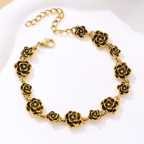 Vintage Rozenbloem Legering Armband Emaille Stras Elegante Sieraden Voor Vrouwen Bloemenontwerp Retro Goud Zilver Stijl