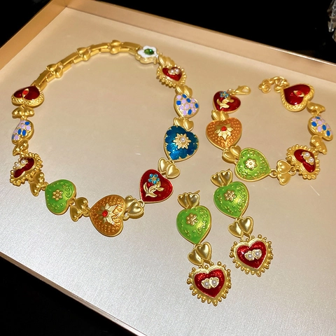 Collier Bracelet Boucles D'oreilles Émail Coeur Coloré Style Palais Vintage Avec Tige En Argent Sterling 925