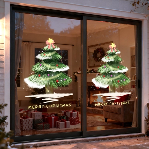 Christmas Tree Window Static Sticker PVC Double Sided Removable No Glue Glass Decal Shop Display Festive Decor