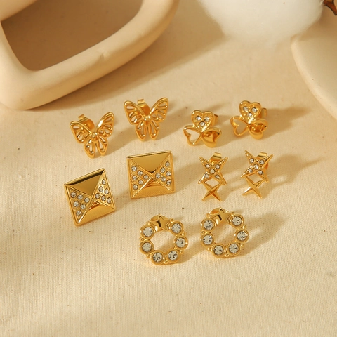 Geometric Zircon Stud Earrings 18K Gold Plated Stainless Steel Butterfly Heart Star Vintage Fashion Jewelry For Women