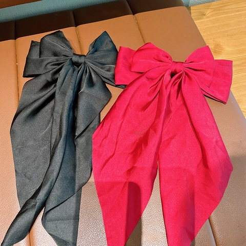 Large Satin Bow Hair Clip With Long Streamers Solid Color Elegant Fabric Spring Barrette Headwear For Women