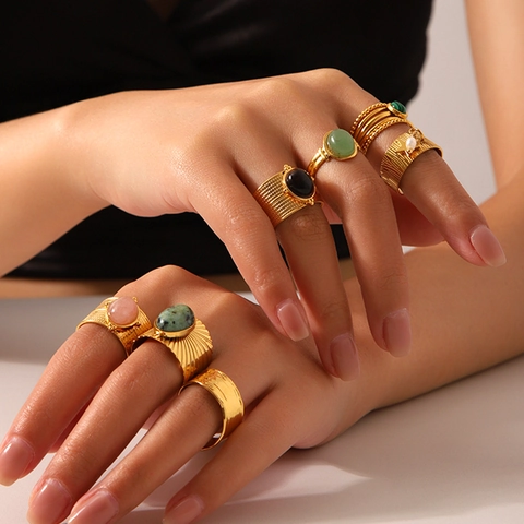 Anillos Abiertos De Acero Inoxidable Con Piedra Natural Vintage Para Mujer Chapados En Oro Malaquita Bohemio Ojo De Tigre
