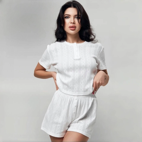 Pigiama Donna Top E Pantaloncini Maglia Pointelle Traforata Scollo Henley Tinta Unita Misto Cotone Casual Estate