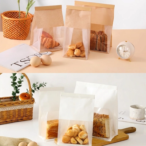 Bolsas De Embalaje Para Pan Tostado Papel Kraft Con Ventana Transparente Cierre De Corbata De Estaño A Prueba De Aceite