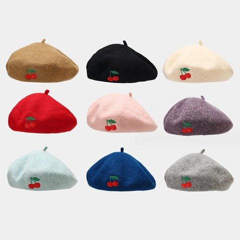 Women Beret Hat Sweet Cherry Embroidery Warm Polyester Casual Winter Autumn Fashion Accessories