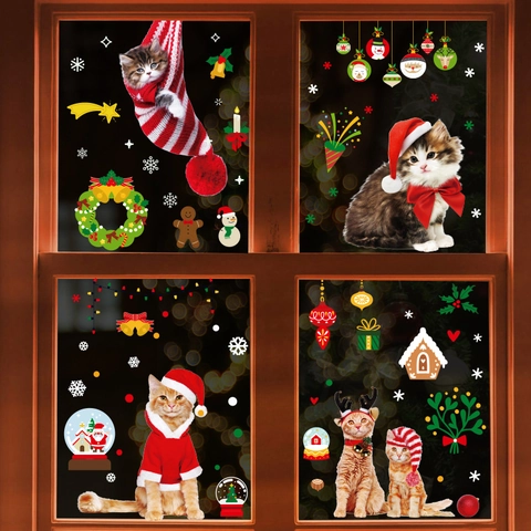 Kerst Raamstickers Statische Sticker PVC Cartoon Kat Patroon Herbruikbare Feestdagen Glas Decoratie Voor Huis Winkel