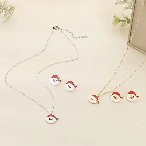 Collar Y Pendientes De Papá Noel Joyería De Acero Inoxidable Esmalte Dibujos Animados Navidad Para Mujer