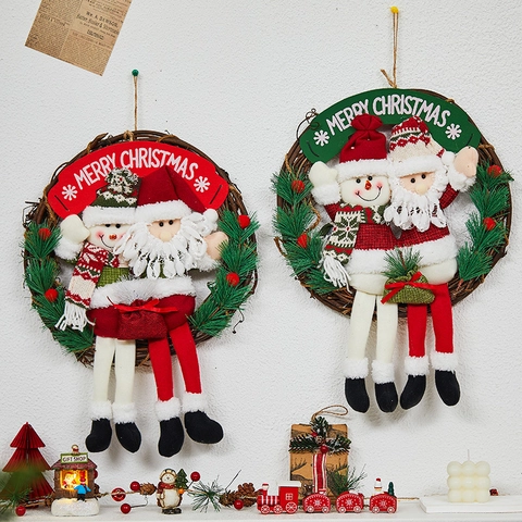 Christmas Wreath Rattan Wall Hanging Plush Santa Snowman Reindeer Figures Artificial Pine Needles Festive Door Ornament