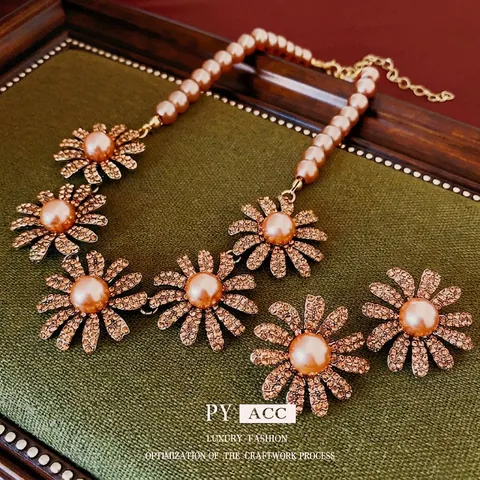Vintage Gänseblümchen Blume Halskette Und Ohrringe Mit Künstlichen Künstliche Perlen Straßsteinen Legierung Silberner Ohrstecker Elegant