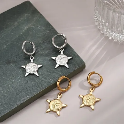 Sonne Gesicht Stern Mond Anhänger Creolen Edelstahl Vergoldet Himmlischen Böhmischen Vintage Schmuck Für Frauen