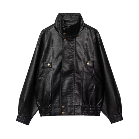Women PU Leather Jacket Stand Collar Retro Loose Fit Faux Leather Streetwear Outerwear Coat Ladies Solid Color Long Sleeve