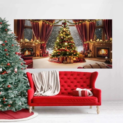 Sfondo Di Natale Tessuto Poliestere Camino Albero Vista Finestra Decorazione Festa Fotografia Sfondo Arazzo Festivo