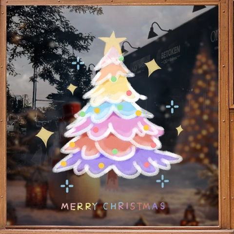 Christmas Tree Window Cling PVC Static Cling Double Sided Colorful Hand Drawn Decoration For Glass Door Restaurant Shop