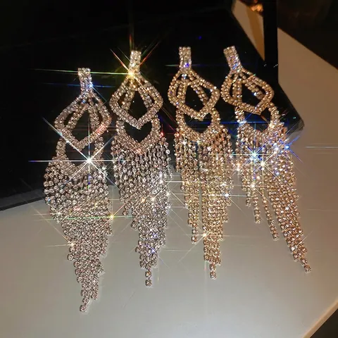 Long Tassel Earrings For Women Alloy Rhinestone Geometric Rhombus Dangle Luxury Evening Party Jewelry With Silver Earring Post