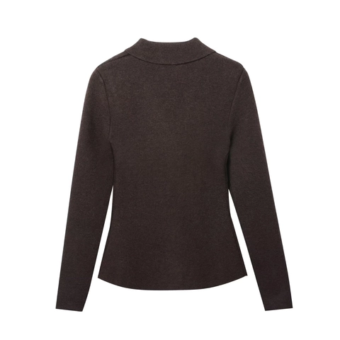 Women Knitted Blazer Jacket Coffee Brown V Neck Long Sleeve Slim Fit Solid Color Jeweled Flower Buttons Casual Cardigan