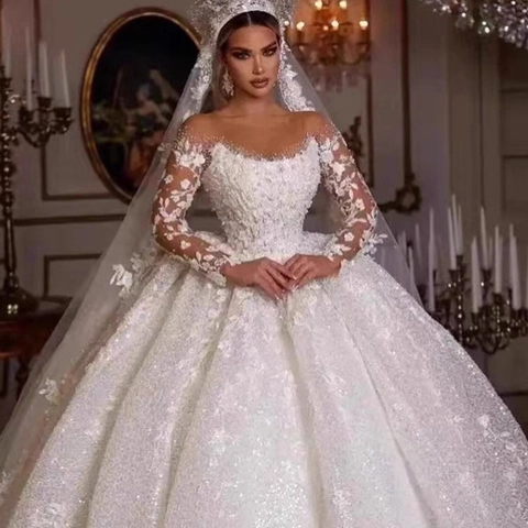 Robe De Mariée De Luxe Dentelle Manches Longues Épaules Dénudées Robe De Bal Paillettes Florale Élégante Cérémonie Pour Femmes