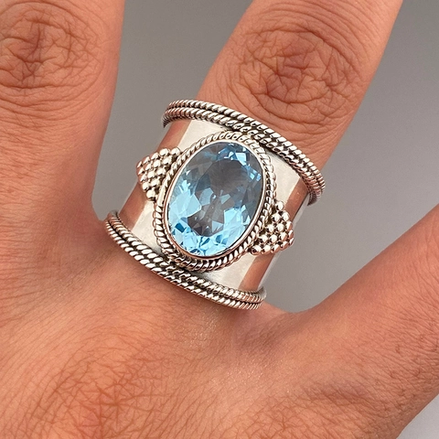 Vintage Breiter Ring Großer Ovaler Blauer Glasstein Bohemian Ethno Stil Legierung Silberton Damen