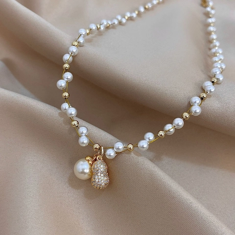 Elegant French Retro Faux Artificial Pearl Beaded Necklace For Women With Gold Plated Alloy Gourd Heart Zircon Pendant