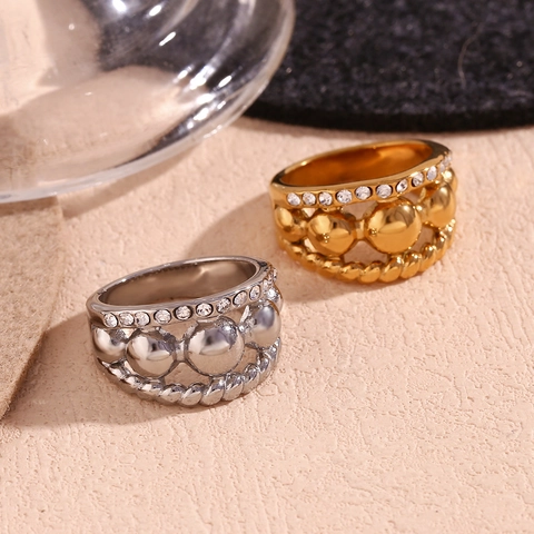 Anello A Tre Strati Con Perline Rotonde E Trama Intrecciata Acciaio Inossidabile Strass Placcato Oro 18K Per Donna