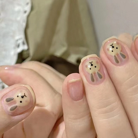 Faux Ongles À Presser Lapin Dessin Animé Rose Nude Courts Ovales Pour Usage Quotidien Style Fille Douce