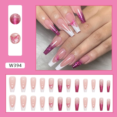 Unghie Finte A Pressione Forma Bara Lunga Motivo Farfalla French Tip Sfumatura Glitter Moda Dolce Manicure DIY Donna