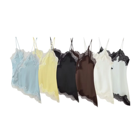 Top De Satén Mujer Encaje Tirantes Espagueti Cuello En V Sexy Elegante Camisola Dobladillo Irregular