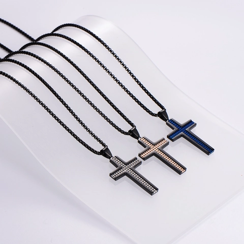 Cross Pendant Necklace 316L Stainless Steel 3D Beveled Grid Texture Fashion Hip Hop Punk Jewelry For Men