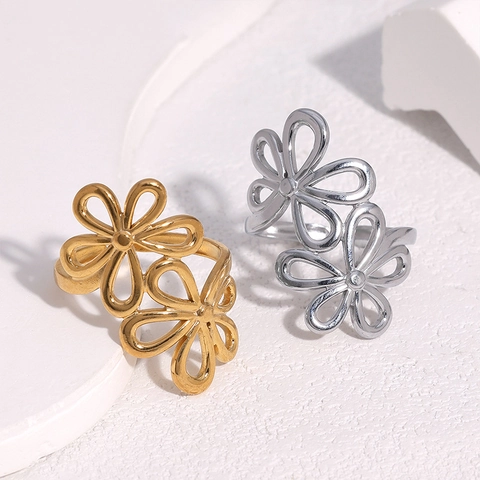 Double Hollow Flower Open Adjustable Ring Stainless Steel 18K Gold Plated Floral Fashion Jewelry For Women Elegant