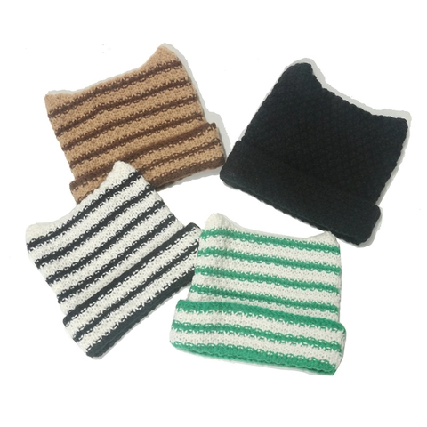 Gorro Beanie De Orejas De Gato Acrílico Rayado Tejido Invierno Cálido Resistente Al Viento Estilo Ins Para Mujeres