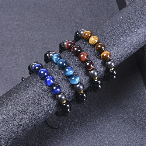 Men Beaded Bracelet Blue Tiger Eye Black Agate Hematite Natural Stone Adjustable Handmade Woven Rope Jewelry
