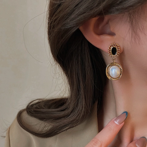 Vintage Geometric Dangle Earrings With Imitation Artificial Pearl And 925 Sterling Silver Earring Post French Style Jewelry For Women