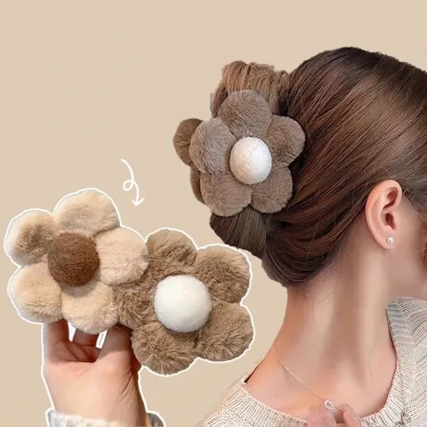 Plush Flower Hair Claw Clip Faux Fur Nonslip Shark Hair Clip For Women Girls Autumn Winter Accessories