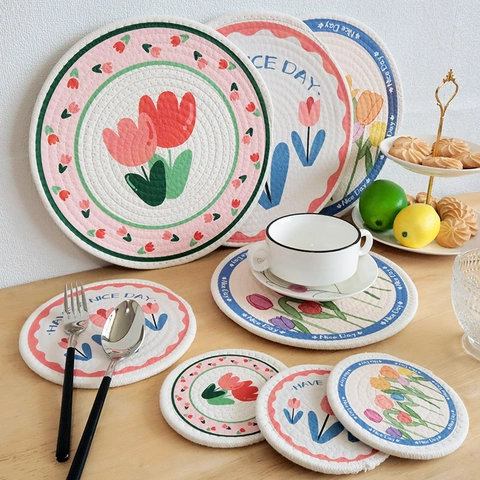 Round Braided Cotton Rope Placemats Tulip Print Heat Resistant Coasters For Dining Table Nordic Style Kitchen Decor