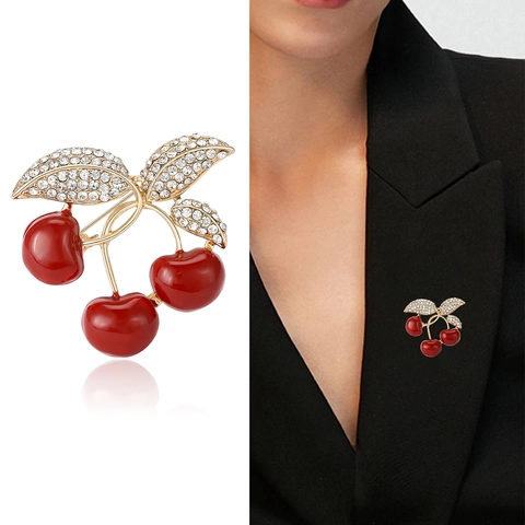 Spilla Ciliegia Lega Smalto Rosso Strass Gioiello Frutta Carino Accessorio Moda Per Donne