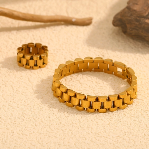 Minimalist Stainless Steel Watch Band Link Bracelet Ring Set 18K Gold Plated Geometric Commuter Jewelry For Women