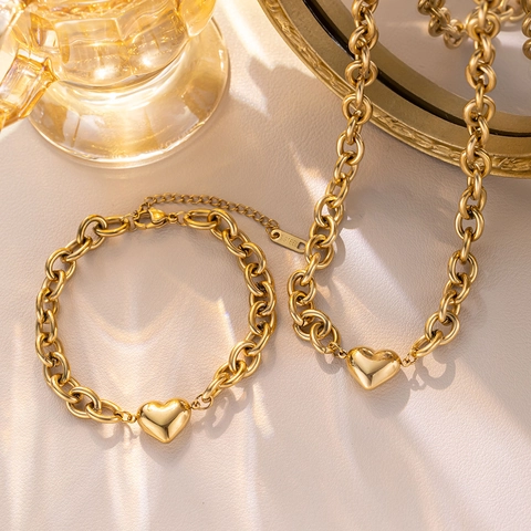 Collar Y Pulsera Con Colgante De Corazón Acero Inoxidable Chapado En Oro Cadena Gruesa Joyería De Moda Mujer Pulido Espejo