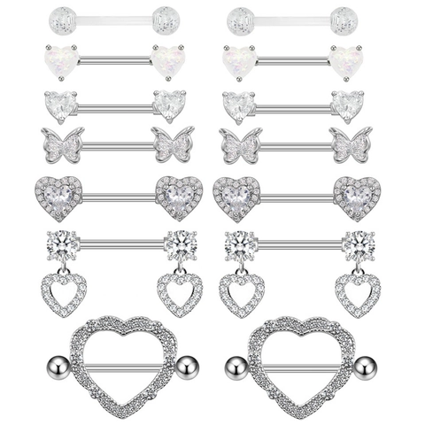 Zinklegering Strass Hart Vlinder Tepelpiercing Set Body Piercing Sieraden Zilveren Barbell Tepelknopjes Voor Vrouwen