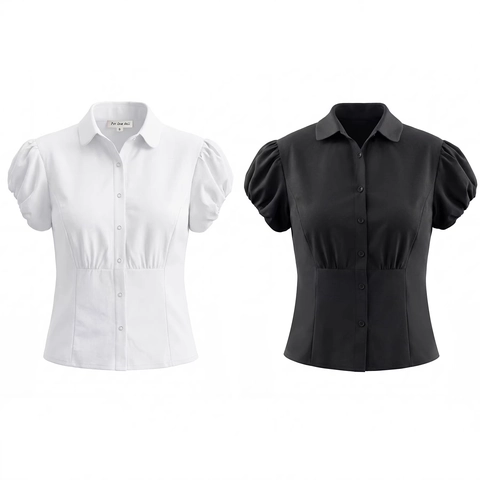 Women Short Sleeve Puff Sleeve Shirt Cotton Blend Slim Fit Waisted Solid Color Vintage Lapel Button Up Blouse Top