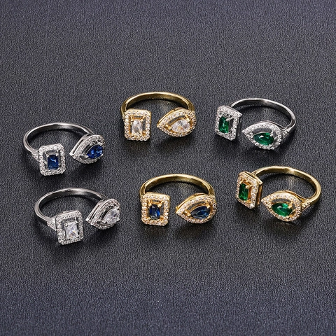 Luxuriöser Geometrischer Zirkonia Kupferring Damen Offen Birnen Und Quadratischer Zirkonia Verstellbarer Fingerring Schmuck Für Hochzeit Party
