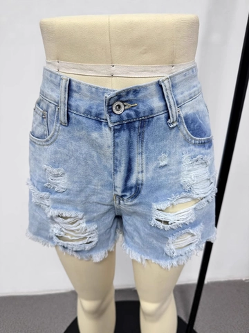 Pantaloncini Denim Donna Vita Alta Strappati Cotone Estate Casual Orlo A Vivo Frange Blu Chiaro