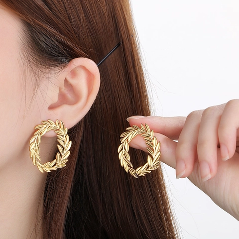 Pendientes De Aro Con Corona De Laurel De Acero Inoxidable Geométricos Vintage Rama De Olivo Joyería Para Mujer