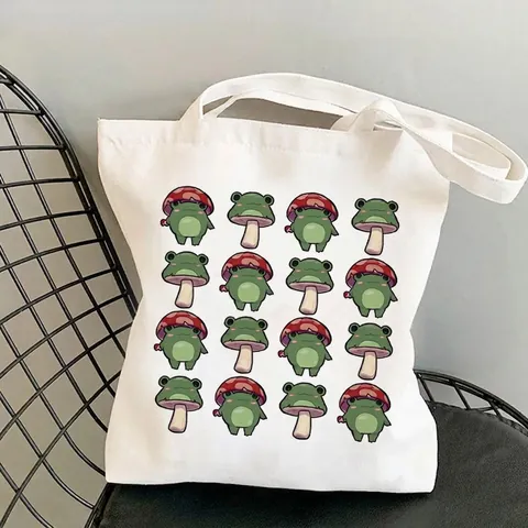 Tote Bag Canvas Frog Mushroom Print Large Capacity Casual Shoulder Handbag Cute Cartoon Artistic For Women Student