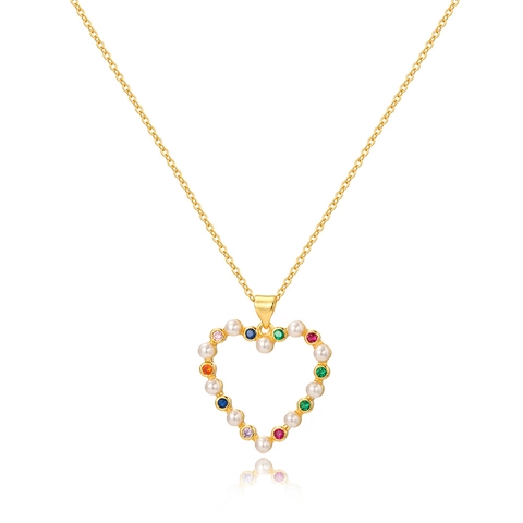 Heart Pendant Necklace 18K Gold Plated Copper With Colorful Zircon And White Artificial Pearls For Women Elegant Jewelry Gift