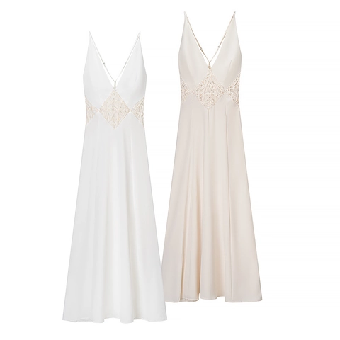 Sexy Deep V-Neck Backless Satin Maxi Dress With Lace Patchwork Spaghetti Strap Elegant Party Beach Dress For Women