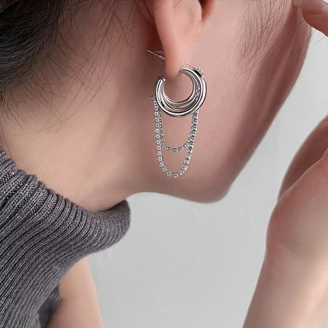 Meerlagige Ronde Ring Kwastje Hangende Oorbellen Koper Met 925 Sterling Zilveren Oorbel Post Zirkoon Geometrische Vrouwen Sieraden