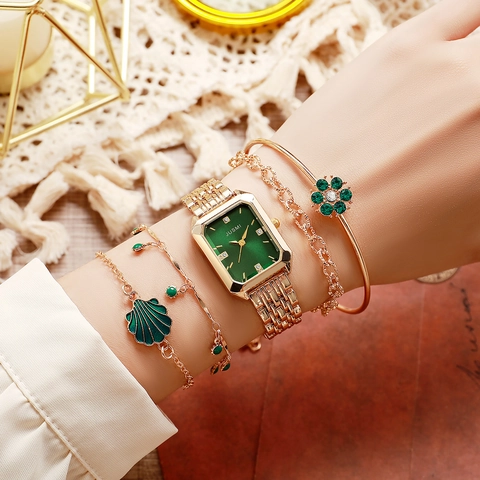 Women Elegant Quartz Watch And Bracelets Jewelry Gift Square Emerald Green Dial Gold Alloy Strap Rhinestone Flower Charms